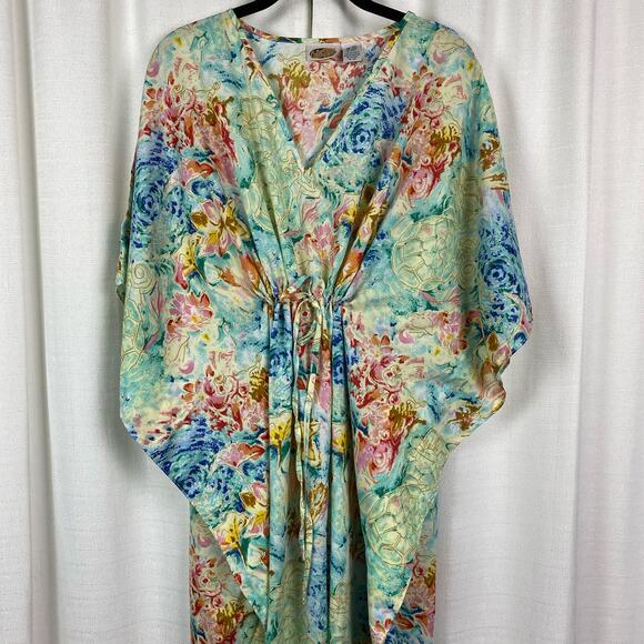 Collections Etc. Vintage Tropical Turtle Floral Caftan MuMu Cover Up Sz.OS - Picture 2 of 11
